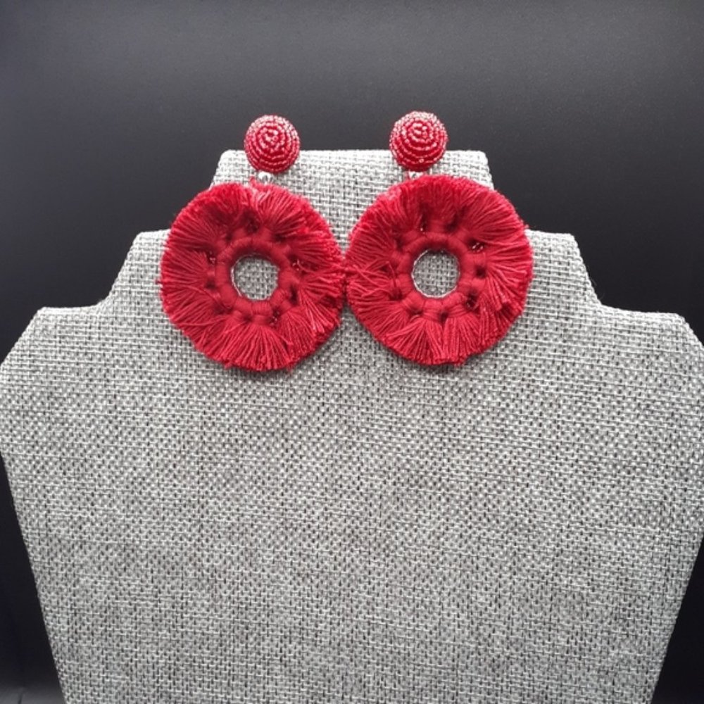Wine Red Round Beaded Tassel Earrings Handmade NWOT
